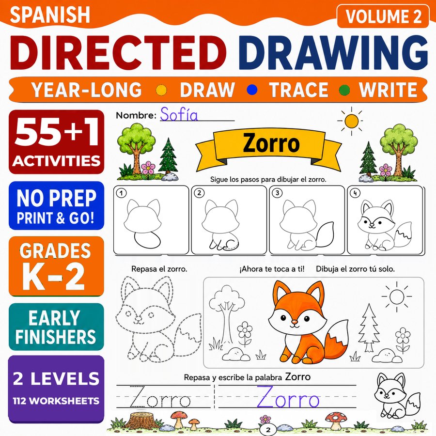 Spanish Directed Drawing Worksheets for Grades K-2, Volume 2: Dibujo Dirigido