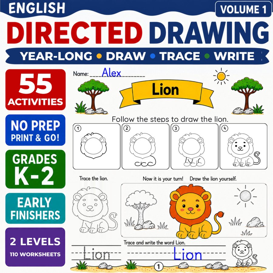 Directed Drawing Worksheets for Grades K-2: Draw, Trace, Write