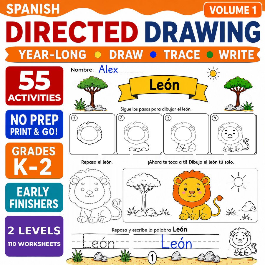 Spanish Directed Drawing Worksheets for Grades K-2: Dibujo Dirigido
